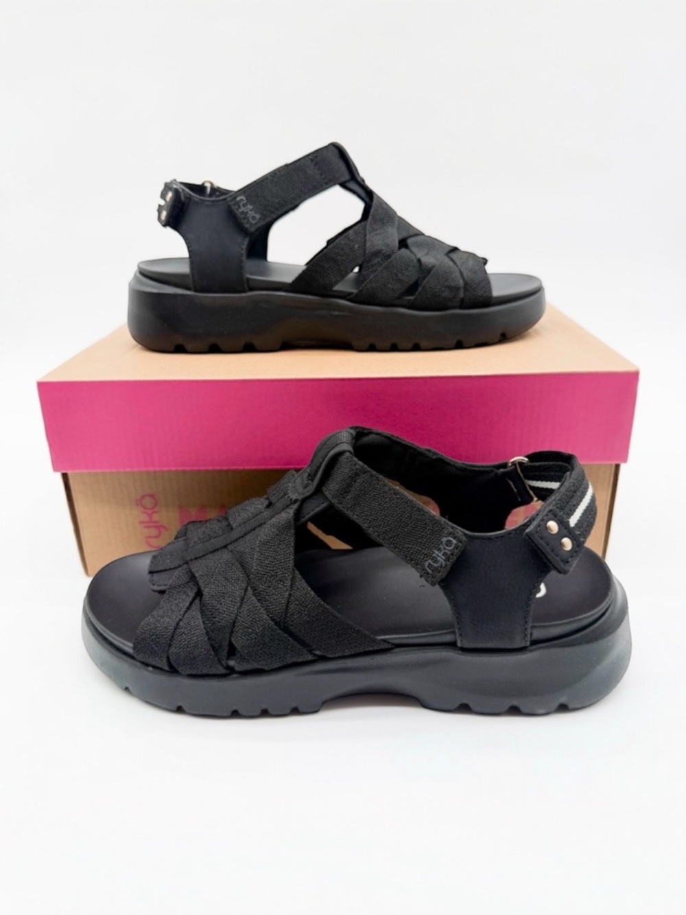 Ryka Blissful Strappy Sport Sandals Adjustable Hook Loop Comfort Black 6.5 NEW